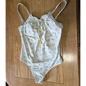 Aerie Medium Swimsuit Yellow Floral One Piece Bathing Suit Low Back Ruffles